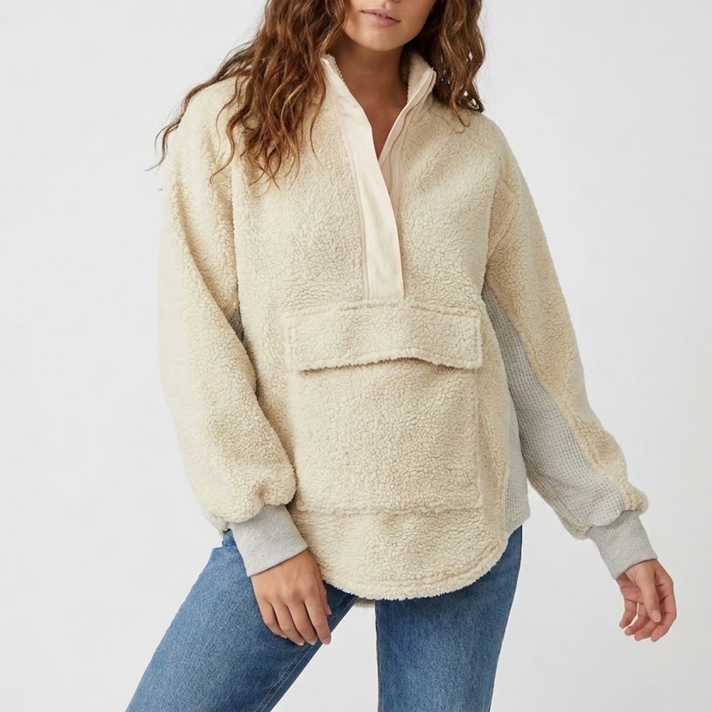 Blueb. Sherpa Jacket Womens Medium Ivory Half Zip Raglan Long Sleeve Mock Neck